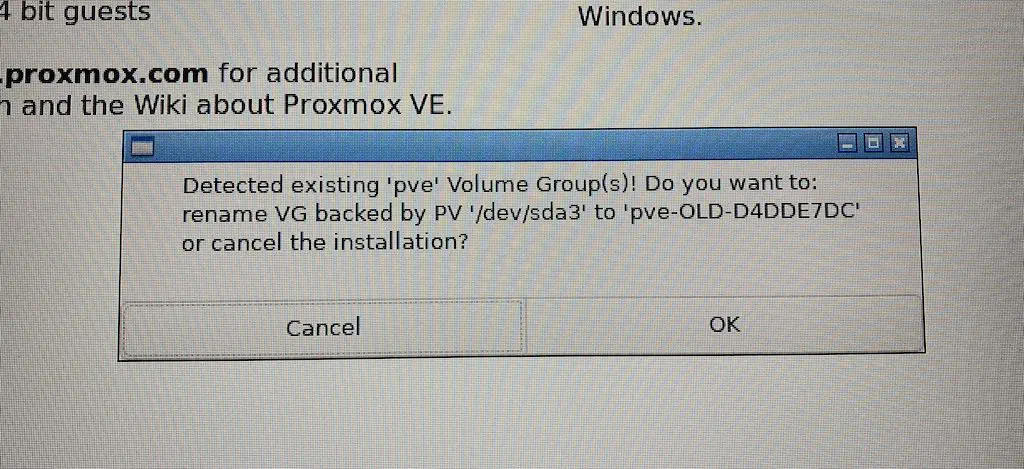 Detected existing &lsquo;pve&rsquo; Volume Group(s)! Do you want to: rename VG backed by PV &lsquo;/dev/sda3&rsquo; to &lsquo;pve-OLD-D4DDE7DC&rsquo; or cancel the installation?