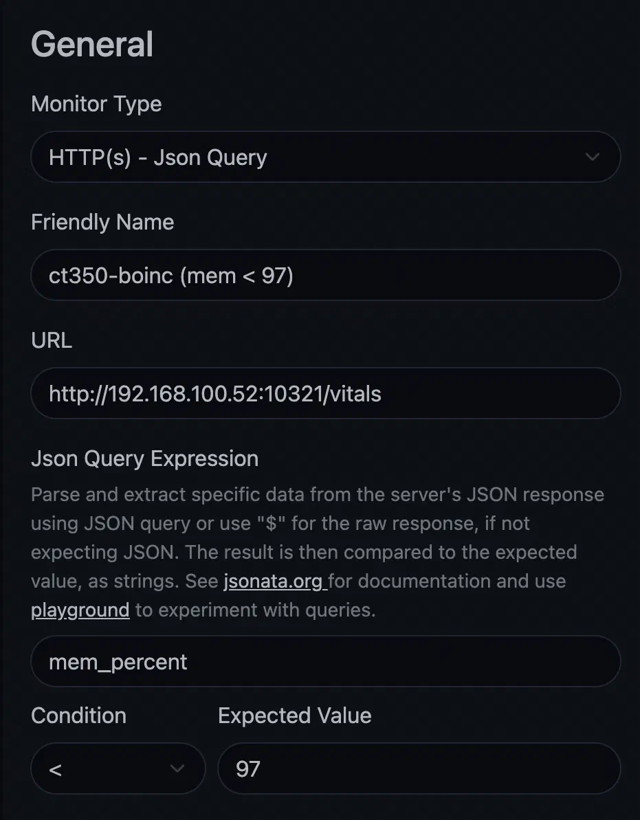 Screenshot of Uptime Kuma JSON query settings