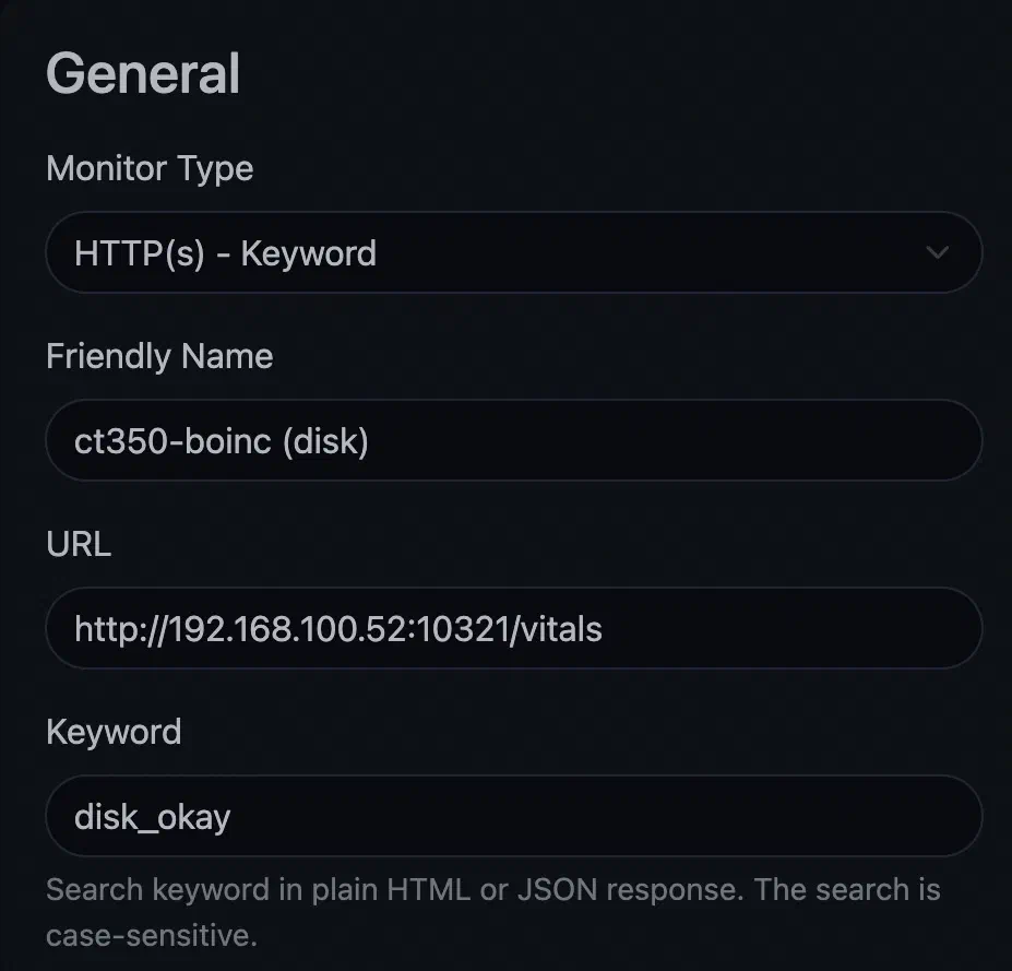 Screenshot of Uptime Kuma keyword settings