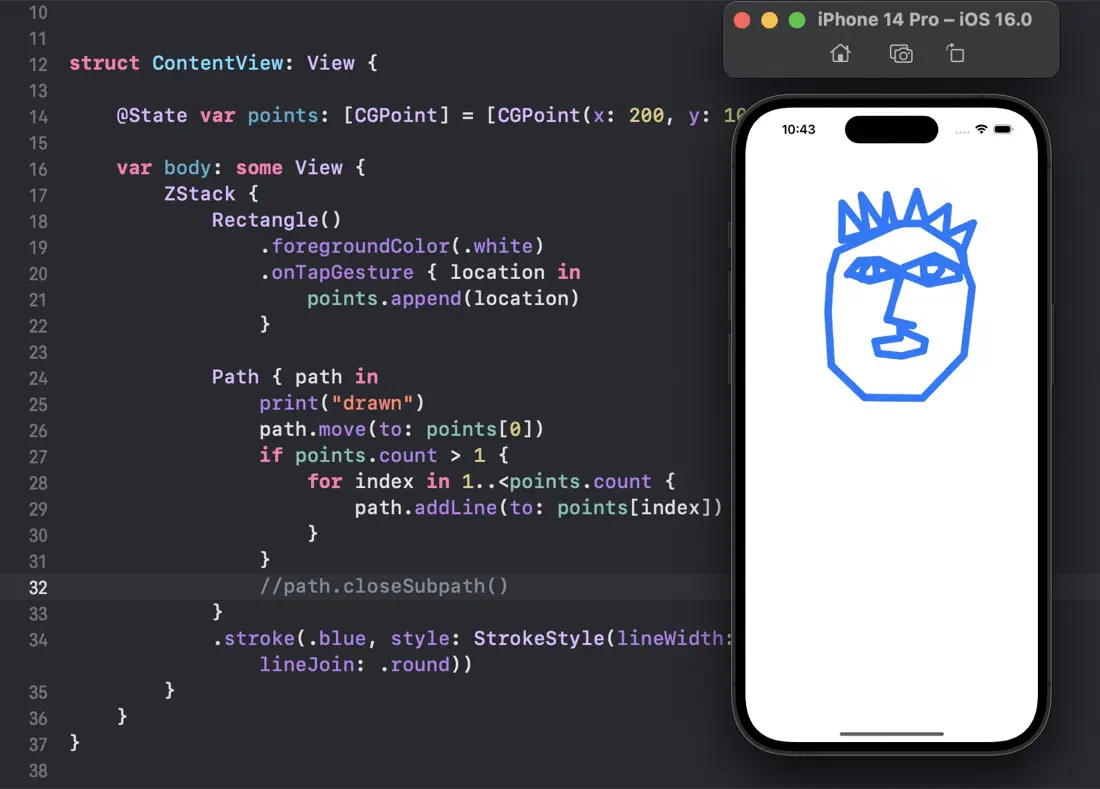 Screenshot of swiftui code and the iphone simulator with a roughly drawn face