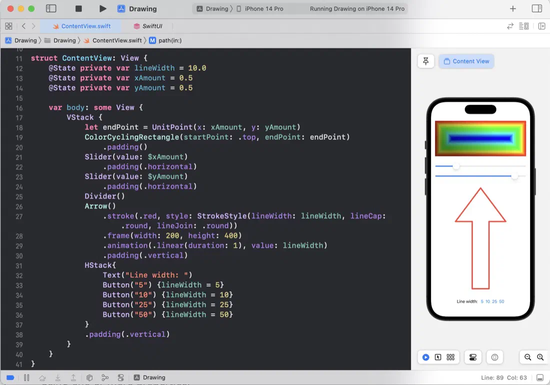 Screenshot of Xcode and the preview showing some fancy graphics