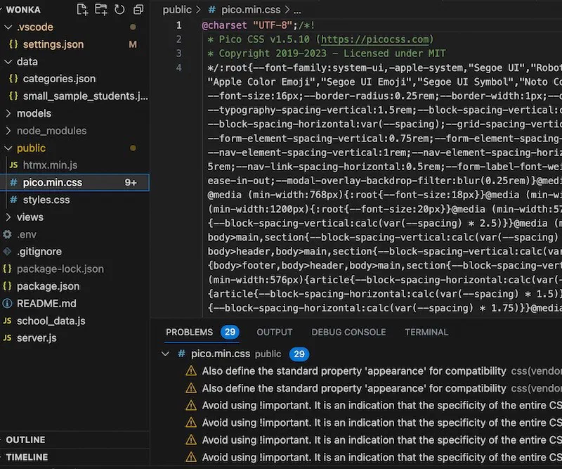 Screenshot of VS Code showing 29 problems detected.