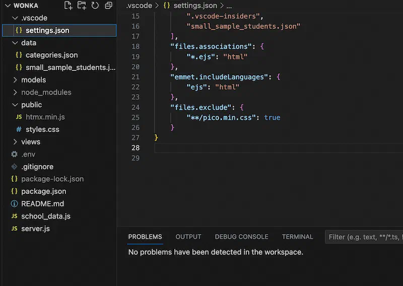 Screenshot of VS Code showing settings.json and zero problems in the problems tab.