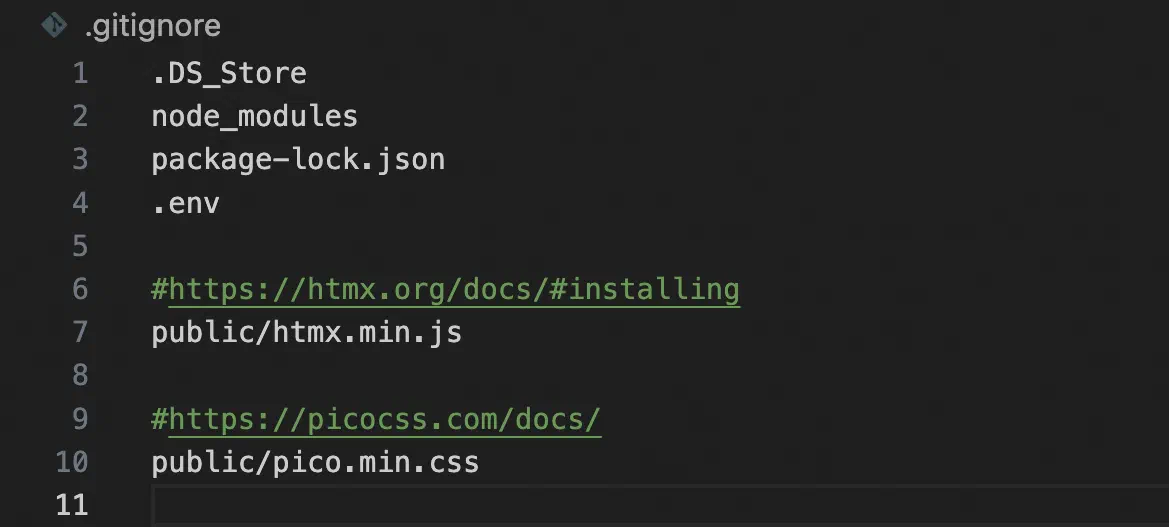 screenshot of .gitignore file including public/pico.min.css