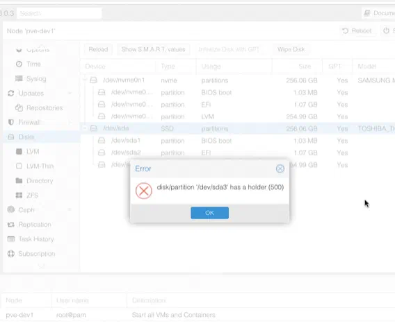 Error: disk/partition &lsquo;/dev/sda3&rsquo; has a holder (500)