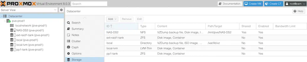 Screenshot of Proxmox GUI showing 5 storage options