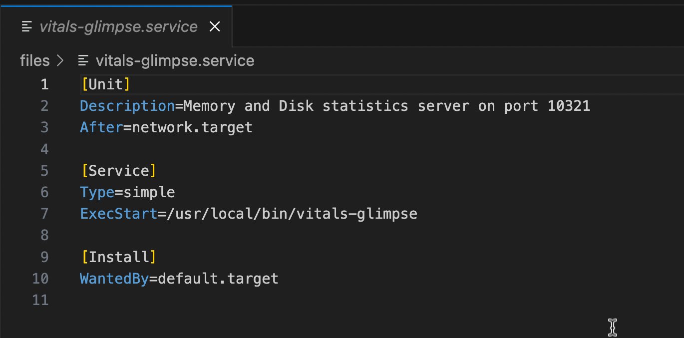 [Unit]
Description=Memory and Disk statistics server on port 10321
After=network.target
[Service]
Type=simple
ExecStart=/usr/local/bin/vitals-glimpse
[Install]
WantedBy=default.target
